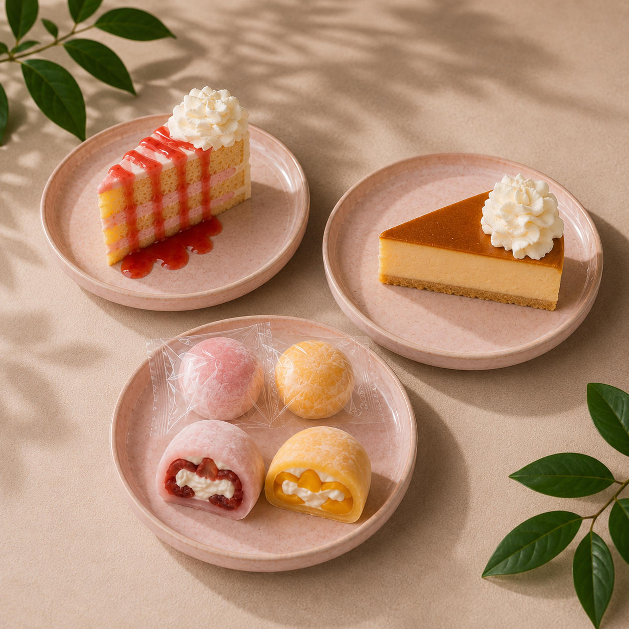 Strawberry shortcake, cheesecake and mochi